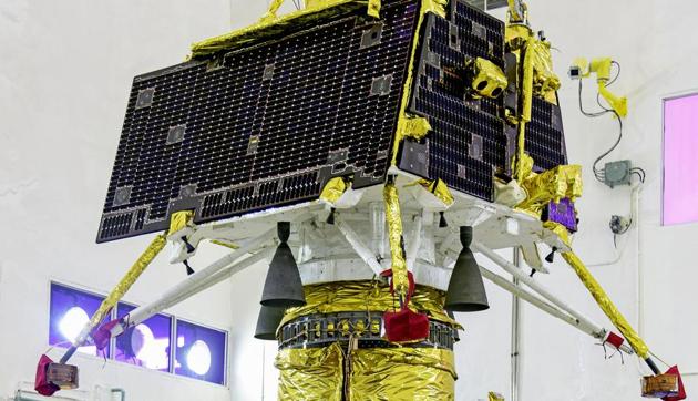 In this picture released by ISRO, Vikram Lander is seen mounted on the orbiter of Chandrayaan-2, India's first moon lander and rover mission planned and developed by ISRO, at the launch center in Sriharikota.(PTI)