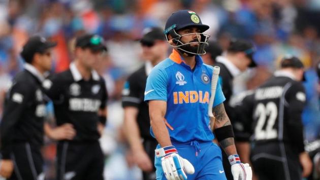India's Virat Kohli reacts after losing his wicket against New Zealand in ICC World Cup semi-final.(Action Images via Reuters)