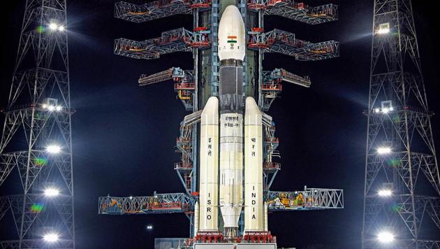 A view of the Chandrayaan-2 on board GSLVMkIII-M1 at Satish Dhawan Space Centre in Nellore district, Saturday, July 13, 2019.(PTI photo)