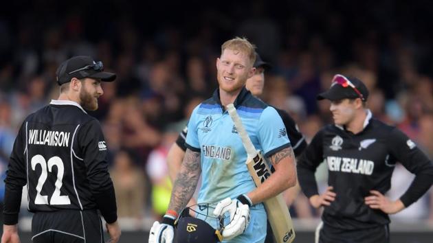 England's Ben Stokes (C) reacts ahead of a 'super over' during the 2019 Cricket World Cup final.(AFP)