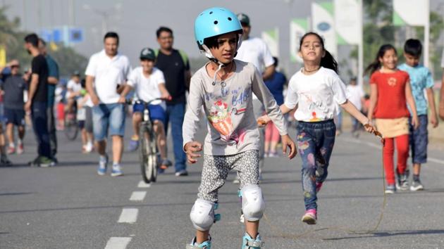 A boy skates during Raahgiri Day, an event organised by MCG and DLF in Gurugram in April 2019. (Yogendra Kumar/HT File PHOTO)