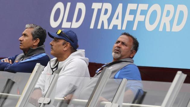 Indian team coaching staff, from left, batting coach Sanjay Bangar, head coach Ravi Shastri and bowling coach Bharat Arun.(AP)