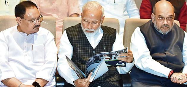 Prime Minister Narendra Modi, BJP Working President JP Nadda and Home Minister Amit Shah attend the BJP parliamentary party meeting, at Parliament library building, in New Delhi, India on Tuesday. (Sonu Mehta/ Hindustan Times) Prime Minister Narendra Modi, BJP Working President JP Nadda and Home Minister Amit Shah attend the BJP parliamentary party meeting, at Parliament library building, in New Delhi, India on Tuesday. (Sonu Mehta/ Hindustan Times)