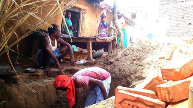 A toilet being constructed at Devmuni Singh Yadav’s house.(HT Photo)