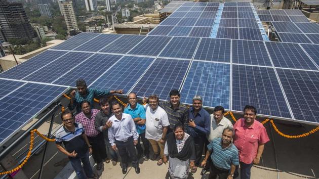 Residents of Dheeraj Dreams complex installed solar panel at Bhandup, Mumbai, April 14(Pratik Chorge/HT Photo)