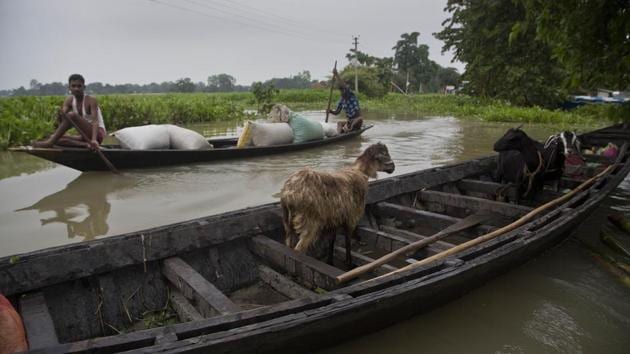 Villagers transport food grains and animals on a boat in Burha Burhi village, east of Guwahati. Describing the fury of floods, Robin Karmakar, a farmer, said, “Everything is gone. Five gahori (pigs), 16-17 hens and cots. There was little time to pick up stuff.” (Anupam Nath / AP) Villagers transport food grains and animals on a boat in Burha Burhi village, east of Guwahati. Describing the fury of floods, Robin Karmakar, a farmer, said, “Everything is gone. Five gahori (pigs), 16-17 hens and cots. There was little time to pick up stuff.” (Anupam Nath / AP)