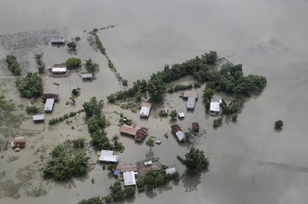 An aerial view of flooded Majuli, an island in River Brahmaputra, Assam on Tuesday. Monsoon flooding and landslides continued to cause havoc in South Asia on Tuesday, with authorities in northeastern India battling to provide relief to over 4 million people in Assam state, officials said.(Photo: AP)