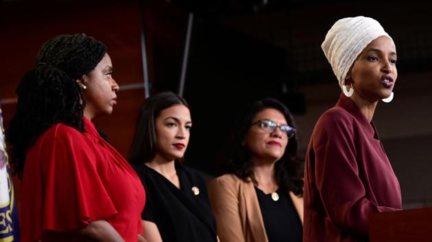 U.S. Reps Ayanna Pressley (D-MA), Alexandria Ocasio-Cortez (D-NY), Rashida Tlaib (D-MI) and Ilhan Omar (D-MN) hold a news conference after Democrats in the U.S. Congress moved to formally condemn President Donald Trump's attacks on the four minority congresswomen. (REUTERS PHOTO)
