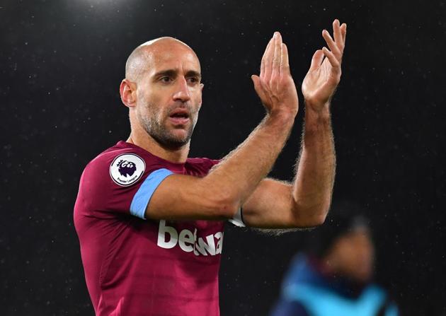 Pablo Zabaleta applauds fans after West Ham’s match against Fulham at Craven Cottage in 2018. (REUTERS)