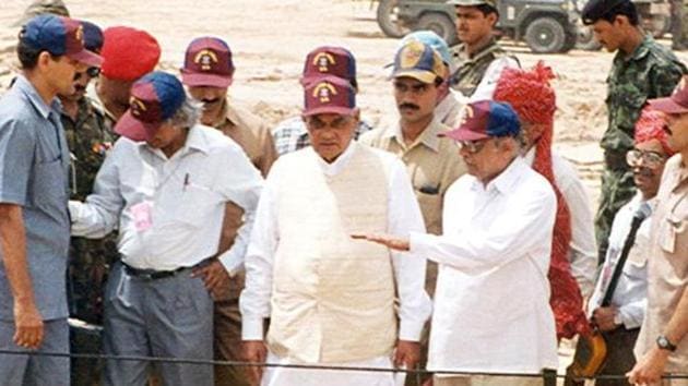 Former Prime Minister Atal Bihari Vajpayee at Pokhran after India’s second nuclear test in May 1998.(HT FIL E PHOTO)