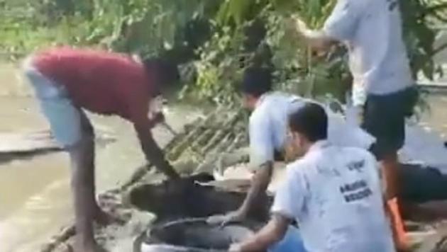 Team rescuing a rhino calf being swept away in the floodwaters(Twitter/@ParveenKaswan)