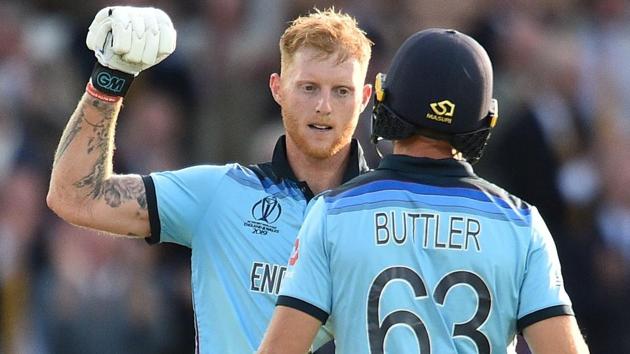 England's Jos Buttler (R) and England's Ben Stokes react during the super over. (AFP) England's Jos Buttler (R) and England's Ben Stokes react during the super over. (AFP)