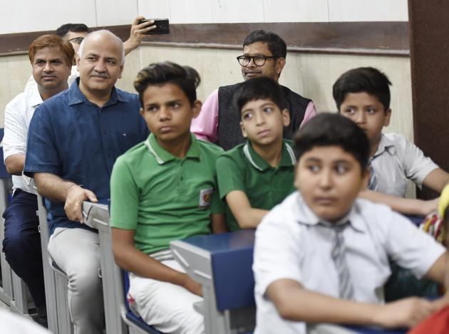 Deputy Chief Minister of Delhi Manish Sisodia and Education Minister of Meghalaya Lahkmen Rymbui attend a happiness class during a visit to Sarvodaya Bal Vidyalaya Rouse Avenue, on the occasion of the completion of one year of the Happiness curriculum in Delhi Government schools, New Delhi, India, on Wednesday, July 17, 2019.(Arvind Yadav/HT PHOTO)