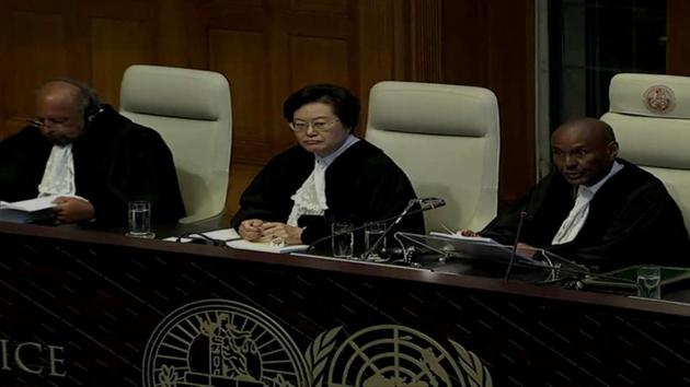 The Panel of Judges during the verdict on Kulbhushan Jadhav case at the International Court of Justice in The Hague on Wednesday.(ANI Photo)