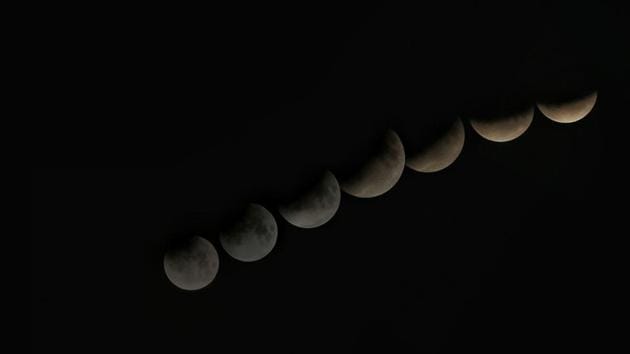 A composite image shows Earth's shadow slowly being cast on the moon during a partial lunar eclipse, in Jaipur. 6.India on early Wednesday witnessed a partial lunar eclipse for a few hours. The partial lunar eclipse, which is said to be the last of 2019, started at around 1.31 am and ended before dawn. (Himanshu Vyas / HT Photo) A composite image shows Earth's shadow slowly being cast on the moon during a partial lunar eclipse, in Jaipur. 6.India on early Wednesday witnessed a partial lunar eclipse for a few hours. The partial lunar eclipse, which is said to be the last of 2019, started at around 1.31 am and ended before dawn. (Himanshu Vyas / HT Photo)