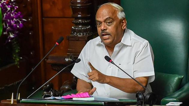 Karnataka Assembly Speaker KR Ramesh Kumar at Vidhana Soudha in Bengaluru on July 15.(PTI)