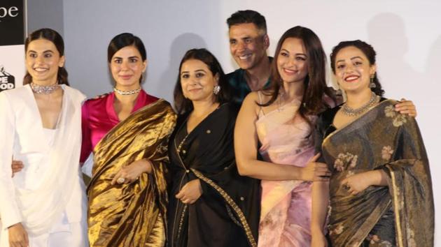 Taapsee Pannu, Kirti Kulhari, Vidya Balan, Akshay Kumar, Sonakshi Sinha and Nithya Menon at Mission Mangal trailer launch.(Varinder Chawla)