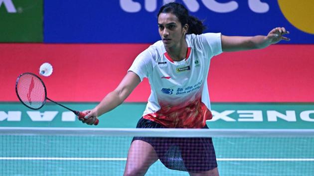 PV Sindhu of India hits a return against Mia Blichfeldt of Denmark.(AFP)