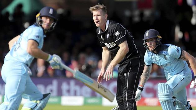 London: New Zealand's James Neesham, center, reacts as England's Jos Buttler, left, and Ben Stokes run between the wickets to score during the Cricket World Cup final match between England and New Zealand at Lord's cricket ground in London, England, Sunday, July 14, 2019. AP/PTI Photo(AP7_14_2019_000218B)(AP)