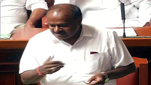 Karnataka, July 18 (ANI): Chief Minister of Karnataka HD Kumaraswamy speaks before the trust motion debate at Vidhana Soudha in Bengaluru on Thursday. (ANI Photo)