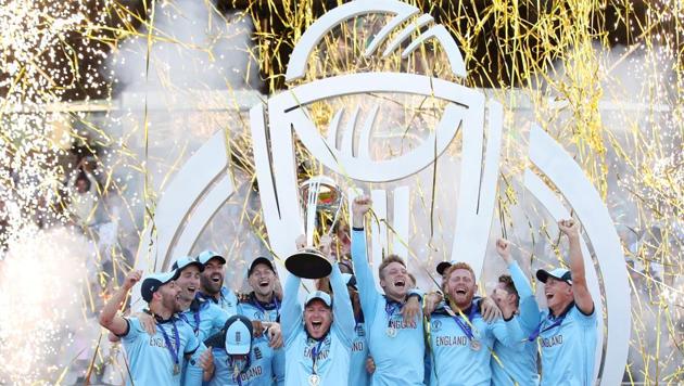 Team England’s Eoin Morgan and teammates celebrate winning the ICC Cricket World Cup, against New Zealand, with the trophy at Lord’s in London, England. (Peter Cziborra / Action Images via Reuters) Team England’s Eoin Morgan and teammates celebrate winning the ICC Cricket World Cup, against New Zealand, with the trophy at Lord’s in London, England. (Peter Cziborra / Action Images via Reuters)