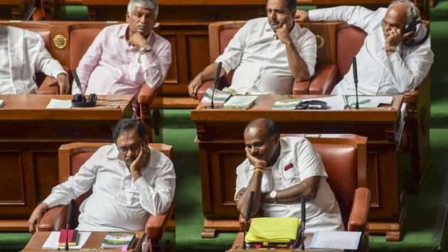 Karnataka Chief Minister H D Kumaraswamy with his deputy G Parameshwara during the assembly session at Vidhana Soudha in Bengaluru(PTI) Karnataka Chief Minister H D Kumaraswamy with his deputy G Parameshwara during the assembly session at Vidhana Soudha in Bengaluru(PTI)