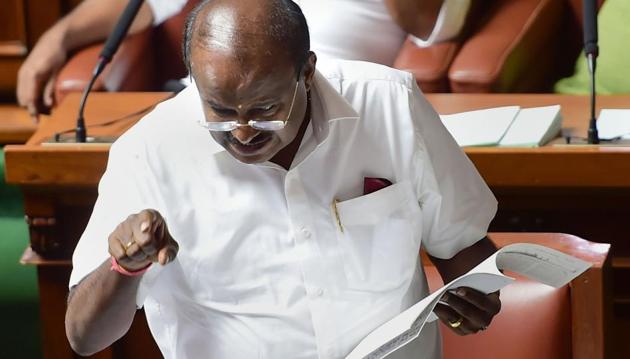 Karnataka Assembly Floor Test: Karnataka Chief Minister H D Kumaraswamy speaks during assembly session at Vidhana Soudha in Bengaluru, Friday(PTI photo)