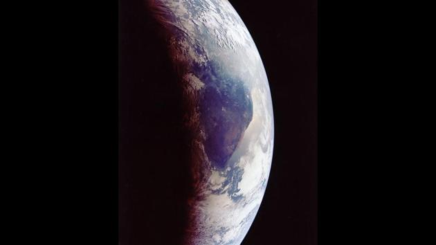 Earth photographed while returning from the successful mission. Armstrong and Aldrin spent 21 hours, 36 minutes on the moon’s surface. After a rest period that included seven hours of sleep, the ascent stage engine fired at 124 hours, 22 minutes. (NASA) Earth photographed while returning from the successful mission. Armstrong and Aldrin spent 21 hours, 36 minutes on the moon’s surface. After a rest period that included seven hours of sleep, the ascent stage engine fired at 124 hours, 22 minutes. (NASA)