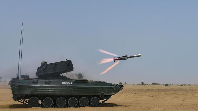 The Indian Army successfully carries out a summer use trial of the DRDO developed 3rd Generation Anti-Tank Guided Missile ‘NAG’ at Pokhran Field Firing Ranges, in Jaisalmer, Rajasthan. (PTI) 