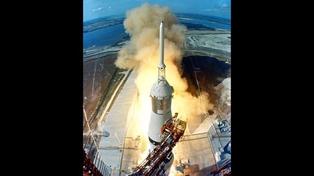 At 9.32 am EDT, the swing arms moved away and a plume of flame signalled the lift off of the Apollo 11 Saturn V space vehicle and astronauts Neil Armstrong, Michael Collins and Edwin E. Aldrin, Jr. from the Kennedy Space Center Launch Complex 39A. (NASA) At 9.32 am EDT, the swing arms moved away and a plume of flame signalled the lift off of the Apollo 11 Saturn V space vehicle and astronauts Neil Armstrong, Michael Collins and Edwin E. Aldrin, Jr. from the Kennedy Space Center Launch Complex 39A. (NASA)