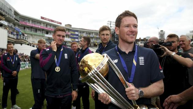 England's Eoin Morgan with the Trophy during celebrations marking their Cricket World Cup victory on Sunday over New Zealand, during at the Oval cricket ground in London Monday July 15, 2019.(AP)
