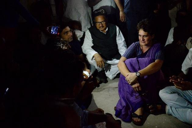 Congress General Secretary Priyanka Gandhi Vadra at Chunar Fort Guest House, after she was placed under detention when she was on her way to Sonbhadra, where 10 people were gunned down this week in Mirzapur on Friday.(Photo: PTI)