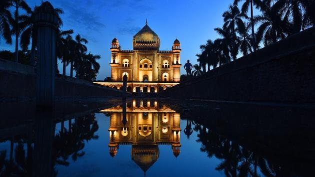 A preview of Safdarjung Tomb, illuminated with 212 state-of-the art mono LED lights, in New Delhi, India. With the inauguration of the light project on July 19, visitors to the tomb will be greeted with this sight every evening between 7pm to 11pm. (Raj K Raj / HT Photo) 