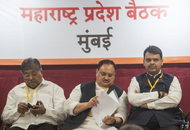 (From left) State BJP chief Chandrakant Patil, BJP’s national working president JP Nadda and chief minister Devendra Fadnavis at the party office in Dadar, on Saturday.(Pratik Chorge/HT Photo) (From left) State BJP chief Chandrakant Patil, BJP’s national working president JP Nadda and chief minister Devendra Fadnavis at the party office in Dadar, on Saturday.(Pratik Chorge/HT Photo)