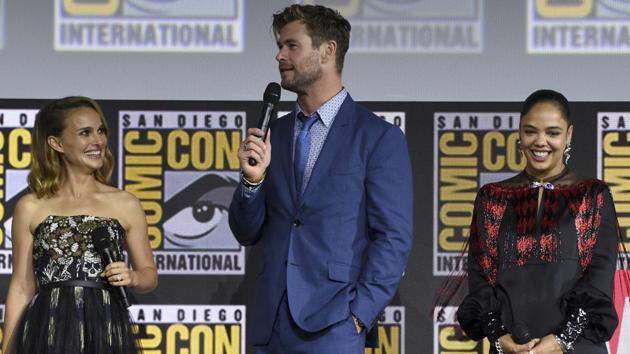 Natalie Portman, from left, Chris Hemsworth and Tessa Thompson participate during the Thor Love And Thunder portion of the Marvel Studios panel on day three of Comic-Con International on Saturday, July 20, 2019, in San Diego.(Chris Pizzello/Invision/AP)