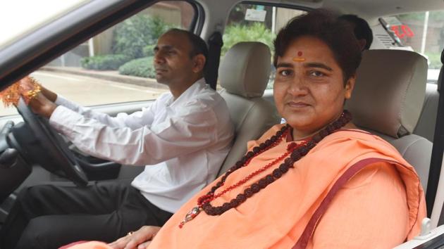 Bhopal’s MP Pragya Thakur (BJP) while responding to a drainage choking problem issue raised by a BJP worker, said it is not her duty to get toilets and drains cleaned.(Raj K Raj/HT PHOTO)