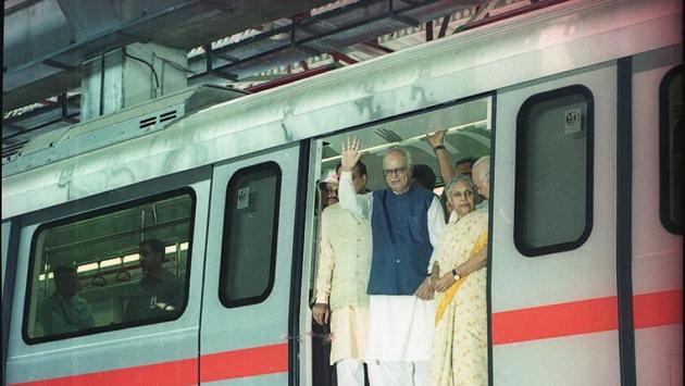 Then Deputy PM LK Advani during the flag off ceremony of Delhi Metro Rail on September 17, 2002. Dikshit’s former Cabinet colleagues say infrastructure was one of her key focus areas. The opening of Delhi’s first Metro line between Shahdara and Tis Hazari and further expansions changed the way people commuted in the city. AK Walia, the PWD minister in Dikshit’s cabinet, said nearly 65 flyovers were built during their tenure. (HC Tiwari / HT Archive) Then Deputy PM LK Advani during the flag off ceremony of Delhi Metro Rail on September 17, 2002. Dikshit’s former Cabinet colleagues say infrastructure was one of her key focus areas. The opening of Delhi’s first Metro line between Shahdara and Tis Hazari and further expansions changed the way people commuted in the city. AK Walia, the PWD minister in Dikshit’s cabinet, said nearly 65 flyovers were built during their tenure. (HC Tiwari / HT Archive)