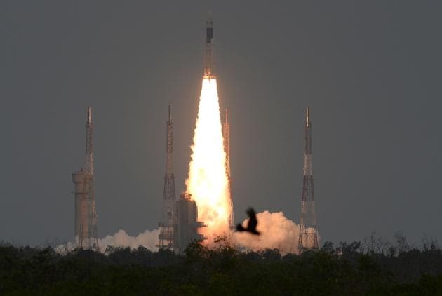 The Indian Space Research Organisation's (ISRO) Chandrayaan-2, with on board the Geosynchronous Satellite Launch Vehicle (GSLV-mark III-M1), launches at the Satish Dhawan Space Centre in Sriharikota, an island off the coast of southern Andhra Pradesh today.(AFP Photo)