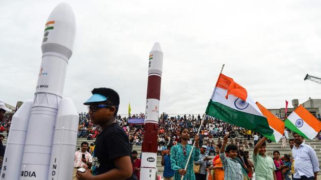On July 22 at 14:43 hours Chandrayaan-2 opened to cheers from the spectators at the launch site in Sriharikota as it successfully took off. Today India launched a bid to become a leading space power sending up a rocket to put a craft on the surface of the Moon in what ISRO chief K. Sivan called a “historic day” for the nation. (Arun Sankar / AFP) 