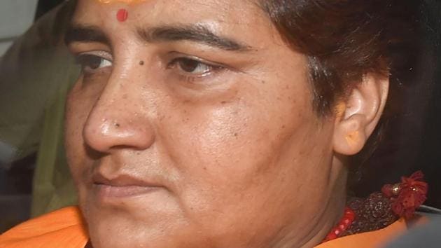 BJP MP Sadhvi Pragya Singh Thakur leaves after a meeting with BJP Working President JP Nadda, at party headquarters in New Delhi on Monday.(Photo: PTI)