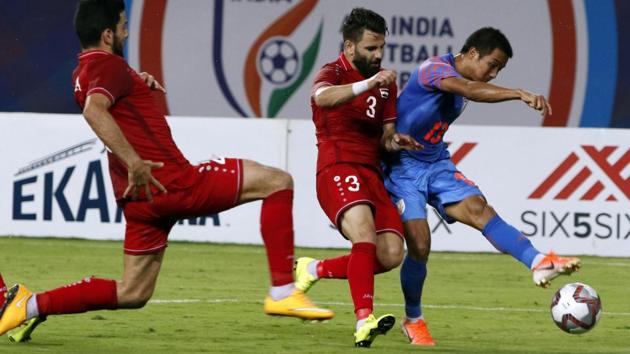 Indian football team captain Sunil Chhetri in action during a match against Syria.(ANI)