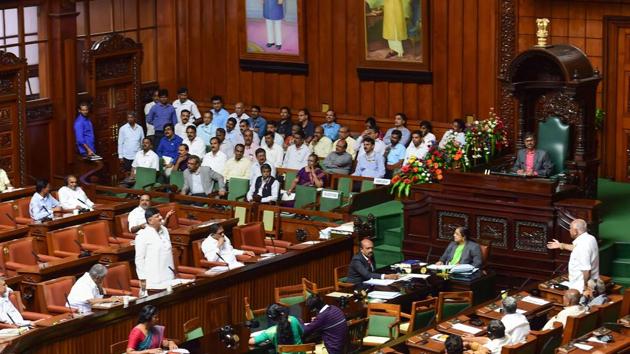 Former chief minister and BJP State President BS Yeduyurappa argues with former chief minister and Congress-JD(S) coordination committee Chairman Siddaramaiah and Minister DK Shivakumar during Assembly Session at Vidhana Soudha, in Bengaluru, Tuesday, July 23, 2019. (PTI)