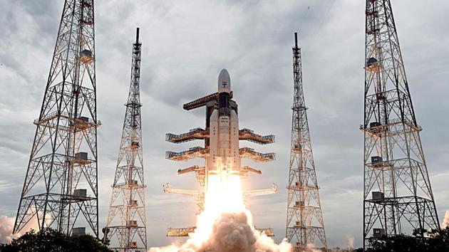 The Geosynchronous Satellite Launch Vehicle, GSLV MkIII-M1 rocket, carrying Chandrayaan-2 spacecraft, lifting off from the Second Launch Pad at the Satish Dhawan Space Centre in Sriharikota on Monday. (ANI Photo)