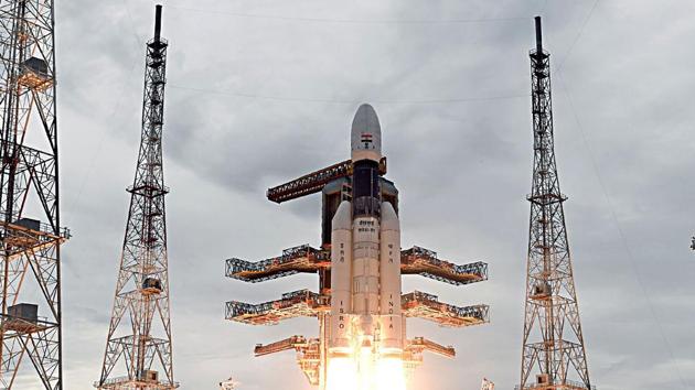 The Geosynchronous Satellite Launch Vehicle, GSLV MkIII-M1 rocket, carrying Chandrayaan-2 spacecraft, lifting off from the Second Launch Pad at the Satish Dhawan Space Centre in Sriharikota.(ANI Photo)