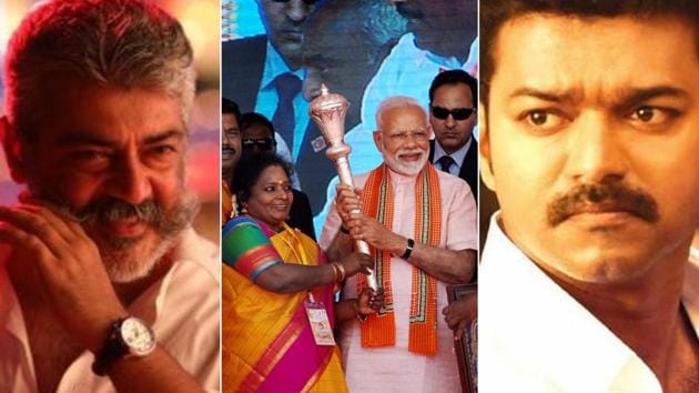 BJP has been involved in duels with young actors of the Tamil film industry Vijay and Ajith as well as versatile actor and Makkal Needhi Maiam (MNM) founder Kamal Hassan.(Photo: Altered by HT)