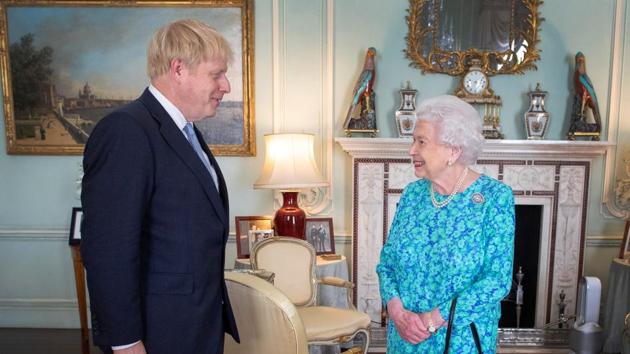 Queen Elizabeth II welcomes Boris Johnson during an audience in Buckingham Palace, where she will officially recognise him as the new Prime Minister, in London, Britain July 24, 2019.(REUTERS)