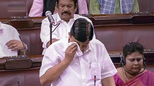 Outgoing AIADMK MP V Maitreyan breaks down during his speech in the Rajya Sabha during the Budget Session of Parliament in New Delhi on Wednesday.(PTI PHOTO.) Outgoing AIADMK MP V Maitreyan breaks down during his speech in the Rajya Sabha during the Budget Session of Parliament in New Delhi on Wednesday.(PTI PHOTO.)