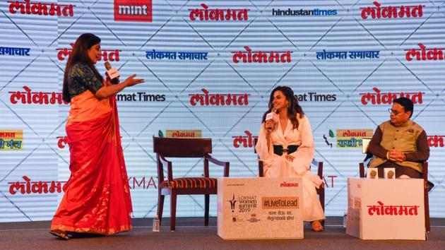 (From L) Moderator Leena Saldanha, director, Red Tree Design studio and poet; actor Taapsee Pannu and Vijay Darda, chairman, Lokmat Group, at JW Marriott on Tuesday.(Sanket Wankhade/ht) (From L) Moderator Leena Saldanha, director, Red Tree Design studio and poet; actor Taapsee Pannu and Vijay Darda, chairman, Lokmat Group, at JW Marriott on Tuesday.(Sanket Wankhade/ht)