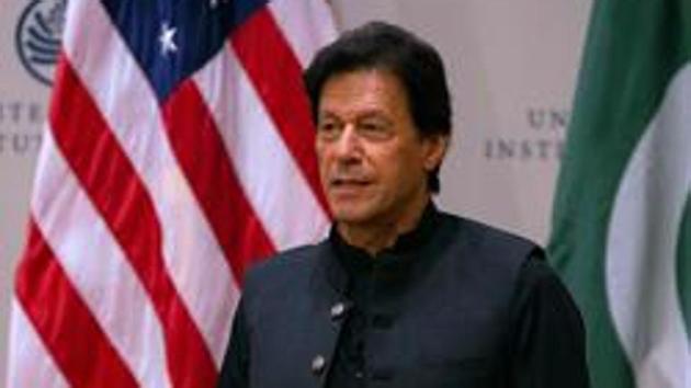 Pakistani Prime Minister Imran Khan speaks at the United States Institute of Peace (USIP) in Washington, DC, on July 23, 2019. (AFP Photo)