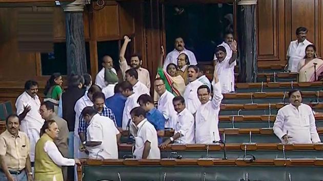 Opposition Congress members walk out of the Lok Sabha during the Budget Session of Parliament, in New Delhi, Wednesday, July 24, 2019.(Photo: PTI) Opposition Congress members walk out of the Lok Sabha during the Budget Session of Parliament, in New Delhi, Wednesday, July 24, 2019.(Photo: PTI)
